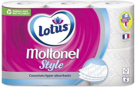 LOTUS Moltonel Style 6 Rouleaux Doux et Résistants pour une Hygiène Parfaite - Blanc Bleu Aquatube - Essentiel Quotidien pour Toute la Famille - Lot De 2 - Vendu Par Lot