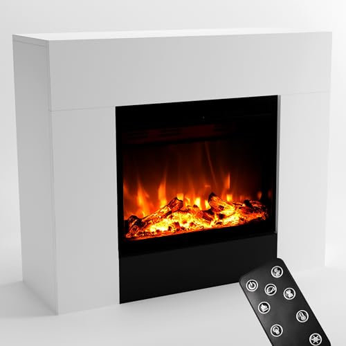 GLOW FIRE Elektrokamin mit Heizung und Kaminfeuer (Standkamin METIS) - elektrischer Kamin mit LED-Feuer in 3 Farben, Heizlüfter, Holz-Deko & Fernbedienung, 98x82x35 cm, Weiß