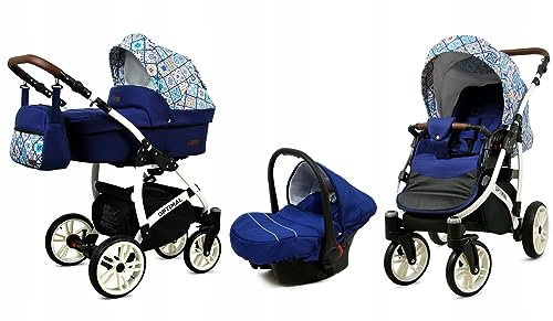 BabyLux® Enfant Poussette Combinée Set 3 en 1 - Optimal - incl. Nacelle, Canne, Siège de voiture - Siège Auto - Landau Bébé - avec Sac à langer, Habillage pluie, Moustiquaire etc.