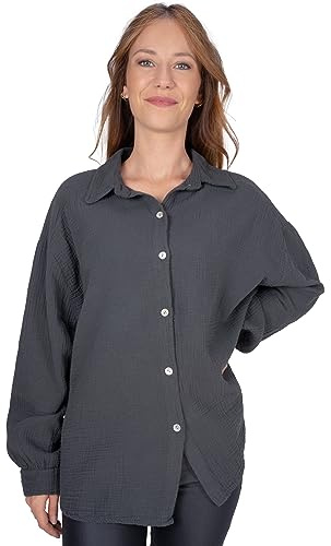 Lolus Kurze Musselinbluse Oversized Musselin Hemdbluse mit Knopfverschluss aus 100% Baumwolle (Sasha - anthrazit)