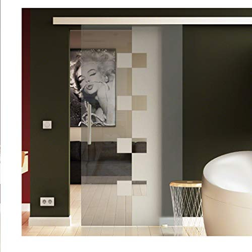 Schiebetür in Glas 205x90 cm (Höhe x Breite) Dessin: Würfel (W) Sadora® SlimLine-System komplett Laufschiene und Edelstahl-Griff, für Innenbereich. ESG-Sicherheitsglas