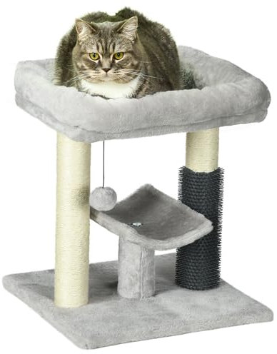 PawHut Petit Arbre à Chat Arbre à Grimper Tour de Jeux Hauteur 48 cm Poteau en sisal Gris avec Balle Suspendue Gris