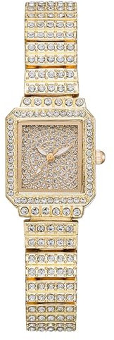 JewelryWe Uhren Damen Quadratisch Diamant: Gold Glitzer Strass Analog Quarz Armbanduhr Frauen Iced Out Uhr mit Rechteckigem Zifferblatt und Metall-Armband