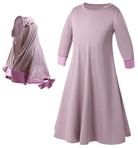 Mit Kinderkleid Baby islamische Ärmeln Lange Stickerei Lange Abaya Hijab Moslems Mädchen Kleidung & Rock Bunter (A-Purple, 5-6 Years)