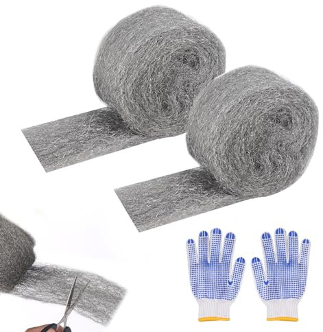 2 Piezas Lana de Acero Contra Ratones Grado 0000 Lana de Alambre Estropajo de Acero con Guantes de Trabajo Lana de Alambre Eliminar óxido para Casa Jardín Garaje (5,8 m)