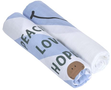 LÄSSIG Coperta Puck per neonati Panno di garza Set di 2 pezzi in cotone 120 x 120 cm/Heavenly soft Swaddle XL Happy Rascals Smile sky blue