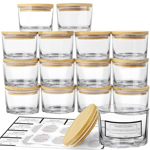 CONNOO 15 Pack 4 OZ Clear Glass Candle Jars with Airtight Bamboo Lids, Bulk Small Wide Mouth Empty Candle Containers with Sticky Warning Labels - Dishwasher Safe