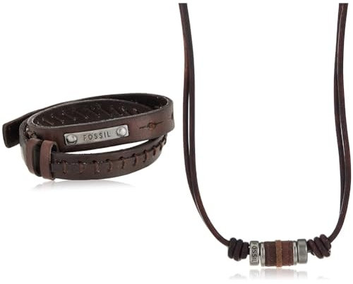 Fossil Herren Halskette aus Edelstahl und Leder 0.6 x 41.1 x 2.2 & Herrenarmband Doppelwickel in braun, JF87354040