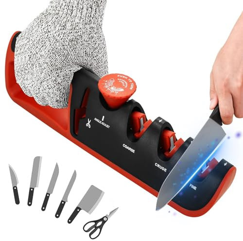Messerschleifer – 4-in-1Manuelle Messerschärfer mit Scherenschleifer,6 Stufen Verstellbar Knife Sharpener und Messerschärfer Profi für Restaurieren, Polieren, Messer (Rot)
