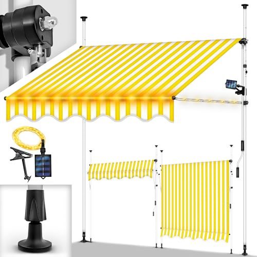 tillvex Klemmmarkise mit Handkurbel Balkon | Balkonmarkise ohne Bohren | Markise UV-beständig & höhenverstellbar | Sonnenschutz wasserdicht (Gelb-Weiß mit LED, 300cm)