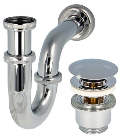 tecuro Siphon mit Pop Up Ablaufventil verchromt - Universal Set für Waschtisch/Waschbecken