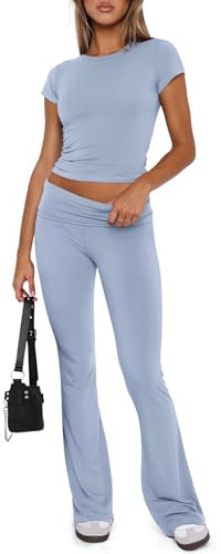 REORIA Damen Freizeitoutfits weiches kurzärmliges bauchfreies Top umklappbare Schlaghose Y2K 2 teiliges Trainingsanzüge Lounge Set Hellblau M