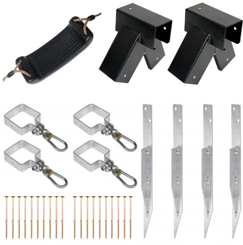 Gartenschaukel - Kinderschaukel-Montageset 2 x Verbindungsstücke 100° 2 x 2 Schaukelschellen mit Karabinern und Beschlägen für Vierkantholz 4 Bodenanker 20 x Holzschrauben 8x80 TORX 1 x Schaukelsitz