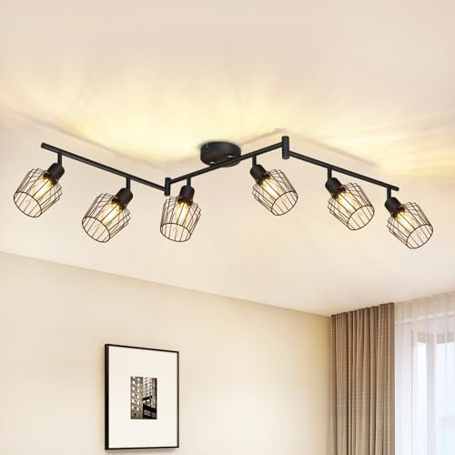 Lichtmaler Deckenstrahler Schwarz 6 Flammig Deckenspot - Deckenleuchte Industrie E14 Deckenlampe Retro Strahler Spotlampe Lang Drehbar 350° für Schlafzimmer Wohnzimmer(ohne Leuchtmittel)