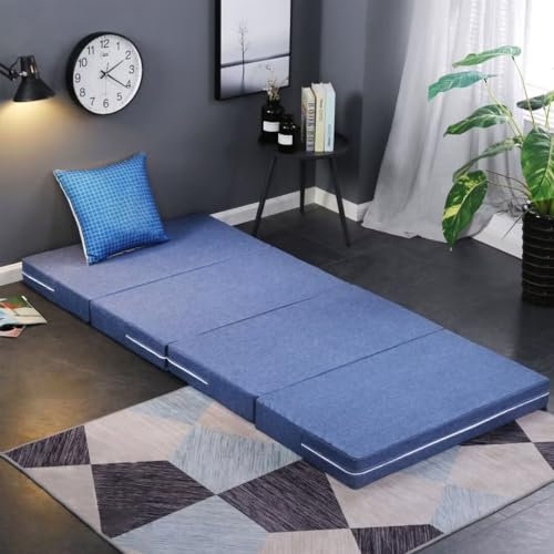 BohrenCL Klappmatratze 60x200, Gästematratze, Reisebett, Faltmatratze, Reisematratze Erwachsene, Mittel Fest, Blau, Leinen, Gedächtnisschaum, Doppelbett