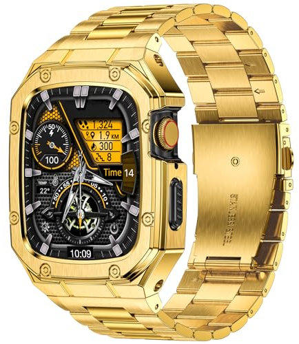 Deczone Kompatibel mit Apple Watch Armband 45mm, Metall Ersatzband für Series 9 8 7 Edelstahl iWatch Bands Männer (Gold)