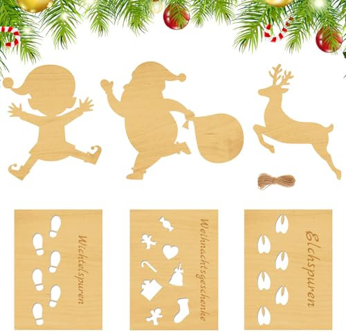 Wichtel Fußabdrücke Wichtel Schablone Fenster 6 Stück, Weihnachtsmann Hirsche Schablone Weihnachtswichtel Zubehör Weihnachtsdekoration Holz Schneespray Schablonen
