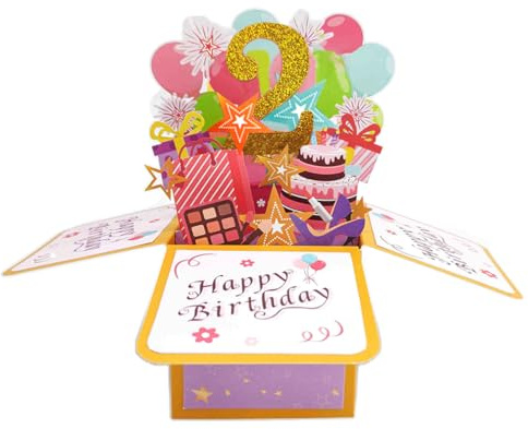 Happy 2nd Birthday Pop Up Karte für Mädchen, 2 Jahre alte Geburtstags Geschenk Idee für Tochter Nichte, lustige 2. Geburtstag 3D Grußkarte für sie
