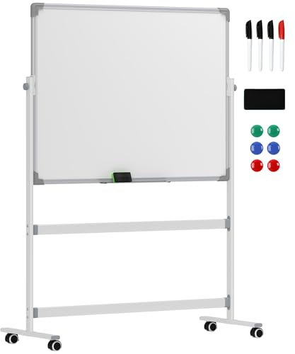 HOMCOM Tableau blanc magnétique double face, tableau blanc effacable rotatif mobile avec support, aimants, marqueurs, gomme et roulettes pour bureau à domicile, salle de classe, blanc