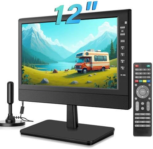 ZOSHING 12inch Portable TV,Small TV with Aerial,Recharge battery,Digital T2 Tuner and HDMI,USB/TF slot and 12v charge cable/AC adapter
