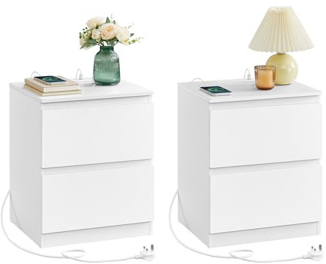 VASAGLE KAILYN Collection - Nightstands with Charging Station, Set of 2 Bedside Tables with Drawers, Side End Tables, 2 AC Outlets, 2 USB Ports, for Living Room, Bedroom, Study, Cloud White LET821W01