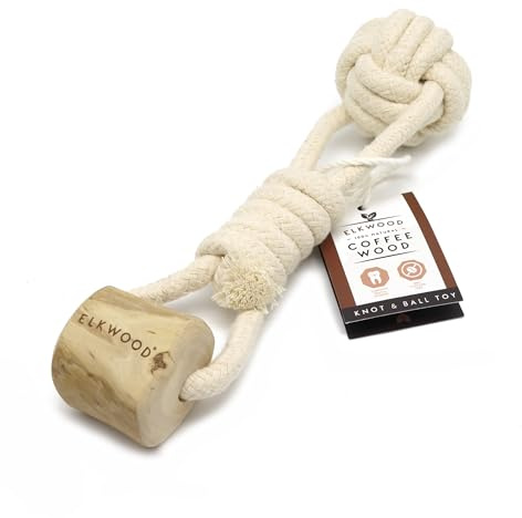 Elkwood Coffee Wood Knot & Ball Toy | Durable Rope Chew, Hypoallergenic & Natural, Calorie-Free, Sustainable Tug Toy - No Caffeine, Sugar, or Artificial Ingredients