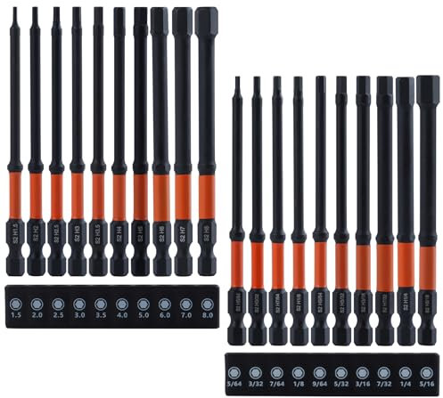 SPEEDWOX 20PCS Impact Hex Head clé Allen ensemble de forets métrique et SAE 1/4 Hex-Shank S2 en acier allié Bits ensemble de pointes magnétiques Impact 4 longue clé Allen avec douille