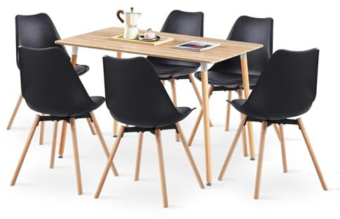 LafeuR Esszimmergruppe Esstisch mit 6 Stühle Essgruppe, 110cm Rechteckig Küchentisch und 6er Set Esszimmerstühle für Küche Esszimmer Wohnzimmer (Eiche Tisch+6 Schwarz Stühlen)