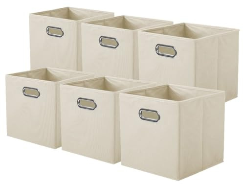 powerking Fabric Storage Box Bins, 6 Pack Foldable Cloth Storage Cube Organizer Drawer with Metal Handle For Closet And Toys Storage,Beige
