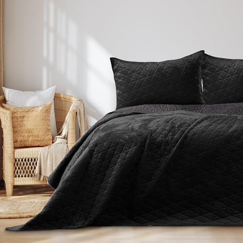 RESTILO Tagesdecke 260x280 cm Schwarz Bettüberwürf zweiseitig Steppung Velvet Samt Laila