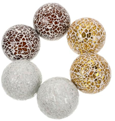 MUELODSIC Dekorative Glaskugeln Aus Mosaikglas 6cm 6 Stück Esstisch Mittelstück Für Schalen Und Vasen Langlebige Glas Dekokugeln in Gold Weiß Und Khaki