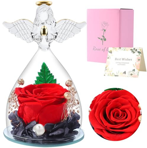 FRFG Cadeaux de Roses Eternelles pour Elle, Cadeau Femme Roses Préservées dans des Figurines d'ange en Verre, Anges de Fleurs pour Maman Grand-mère, Epouse, Sœur, Petite Amie (Rouge)