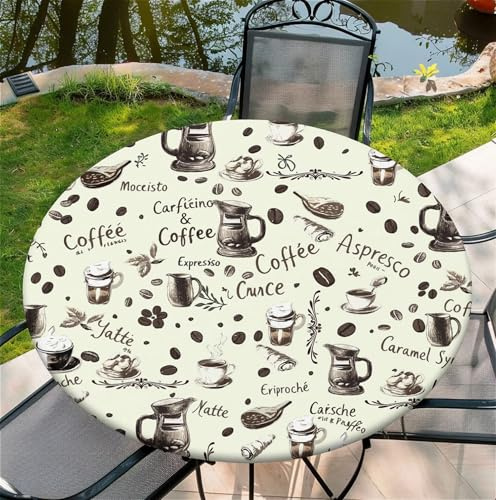Outdoor Runde Tischdecke mit Gummizug Ø 44in(110cm)- Elastisch Garten tischdecke mit Vintage-Kaffee Muster,Tische Gartentischdecke für Outdoor Küche Passend für 105-115cm