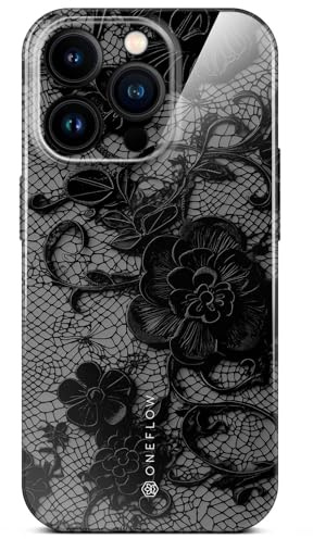 ONEFLOW für iPhone 16 Pro Hülle mit Design Muster, Designer Case Handy Schutzhülle mit Kameraschutz, Hardcase Bedruckt dünne Handyhülle, Splash Cover, Floral Spitze Schwarz