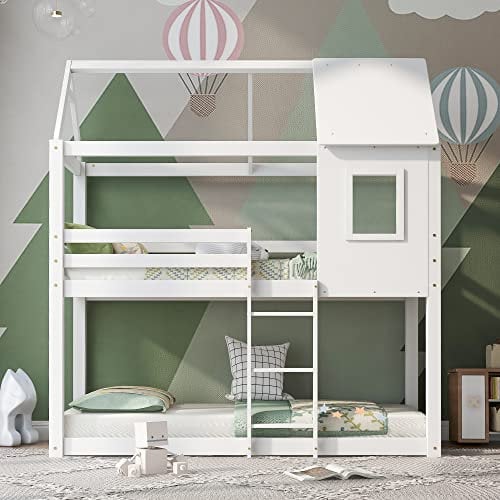 KUIKUI Bunk Bed with Convertible Ladder and Window, Single Bed with Rooftop Design and Full Length Guardrails for Kids, 90x190cm, White
