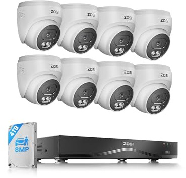 ZOSI 4K PoE Überwachungskamera Set Aussen, 8X 8MP IP Kameras, 16CH 4TB NVR | erweiterbar auf 32CH, Personen-/Autoerkennung, 2-Wege Audio, 30M IR Nachtsicht, C220