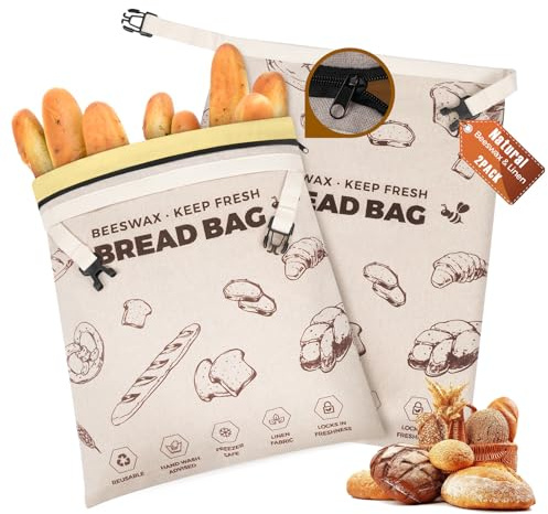 YARRAMATE Bolsas para Pan de Cera de Abejas, Reutilizables de Lino con Cierre. Mantienen Barra Fresca, Grandes Contenedores Seguros Congelador Ecológicos (43x33 cm, 2 Unidades) (02_con cremallera)