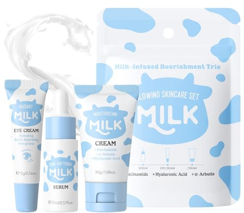 3-teiliges Milk Skincare Set, Geschenke für Teenager Mädchen, Gesichtspflege Set Damen, Korean Skin Care Set, Reisegrößen Hautpflege Pflegeset für Frauen, Gesichtscreme + Augencreme + Gesichtsserum