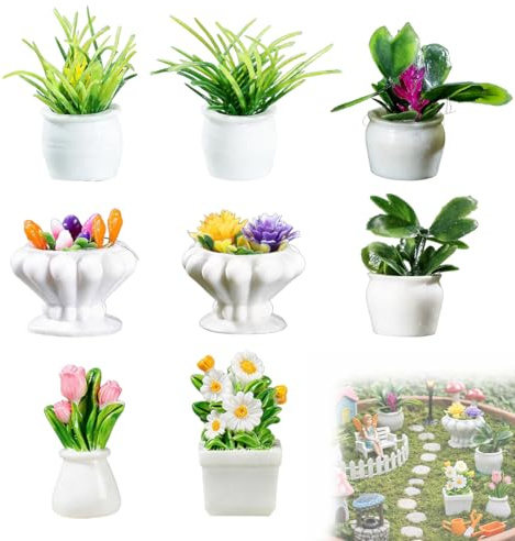 OIUAVYR 8 Pz Mini Macetas, Plantas Artificiales, Bonsái en Miniatura, Decoración de Jardín, Casa de Muñecas, Mini Macetas para Casa de Muñecas, Plantas en Macetas, Adornos de Jardín en Miniatura