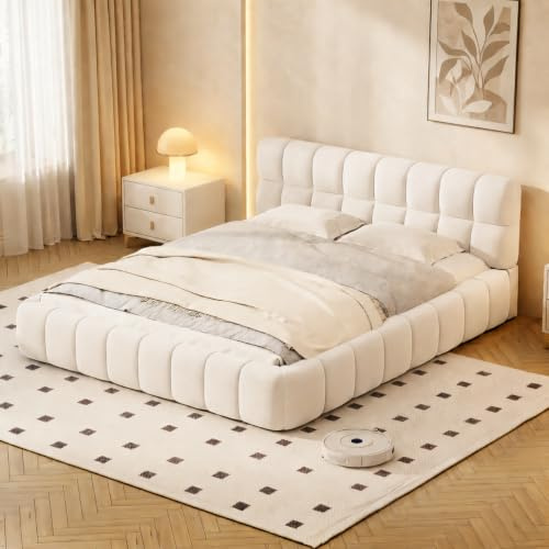 Zorvani Polsterbett 140x200 cm, Doppelbett mit weicher Rückenlehne, Bubble Bett, Jugendbett mit Lattenrost, Flachbett mit Polsterumrandung, Bettgestell, Leinen, ohne Matratze