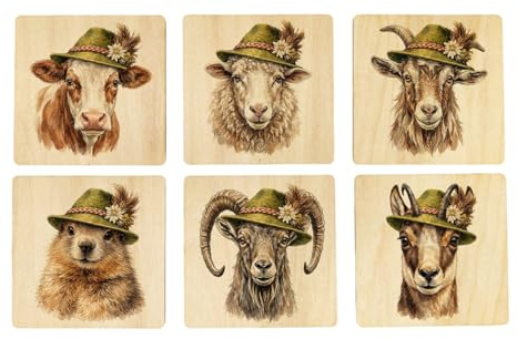 speecheese Zillertaler Alpentiere 6er Set Untersetzer aus Holz, lustig | Alpine Holzdeko für Tierfreunde: Bierdeckel aus Holz im 6er Set, mit Kuh, Schaf, Ziege, Gämse, Steinbock, Murmeltier.