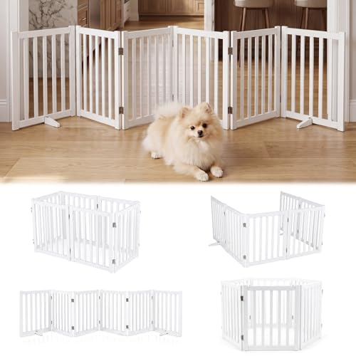 GYMAX Puerta para Perros de 6 Paneles, Valla Interior Plegable de Madera de Caucho con Patas de Apoyo, Barrera de Seguridad Portátil para Escaleras y Pasillos, Blanco