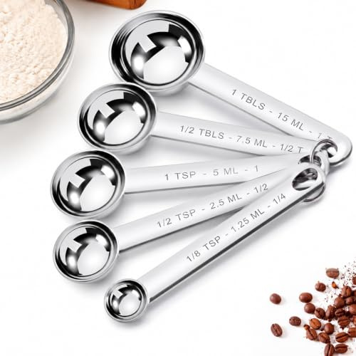Measuring Spoons Set 6PCS Stainless Steel Metal Teaspoon Tablespoon Scoop | Kitchen Baking Tool with Engraved Measurements Includes 1/8 TSP to 1 Tbsp Sizes Coffee Spice Recipe Measuring Accessory