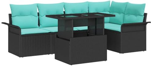 HFXHIJXQ 6-Teilig Gartensofa Set Poly Rattan Lounge Schwarz | Modulare Eckcouch Garnitur mit türkisen Kissen und Glastisch für Terrasse Balkon und Veranda für 5 Personen