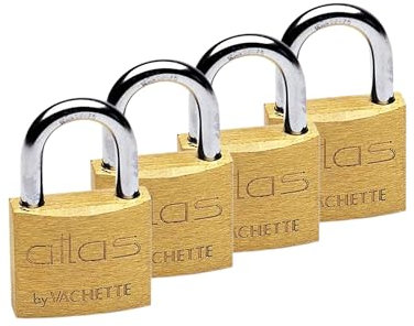 Vachette Lot de 4 Cadenas à clé Atlas en Laiton 15 mm - 1320-4x15/SC - Résistance anti traction, Usage intérieur et extérieur, 4 Clés incluses