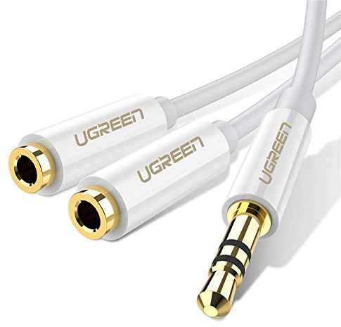 UGREEN 3.5mm Audio Splitter, 3.5mm Male to 2 * 3.5mm Female Extension Splitter Stereo Y Cable for Earphone and Headset Splitter Adapter, Compatible for Smartphones, Tablets, MP3 players, White.