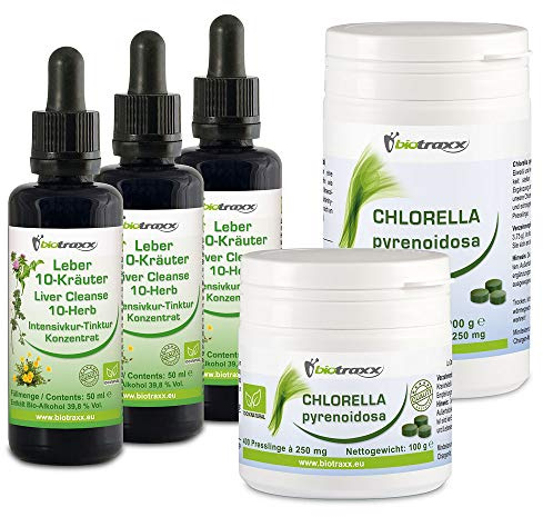 Biotraxx Leber- und Gallenreinigung Intensiv-Kur-Programm mit natürlichen Heilkräutern 3x 50ml Tinktur plus 300g Chlorella