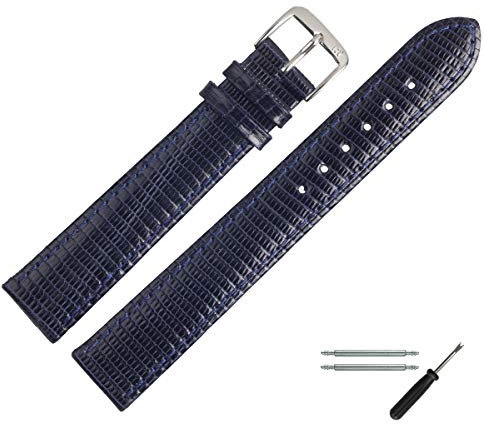 MARBURGER Uhrenarmband 20mm Leder Blau Silber XL Eidechse Prägung Mit Naht - Montage Set 8082051000120