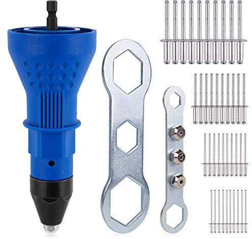 Pistola para taladro para poner remaches, pistola eléctrica sin cable, adaptador de taladro para insertar tuerca con 3 cabezales convertibles + 40 remaches.