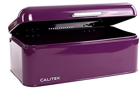 Calitek Bread Bin Storage Box Kitchen Counter Top Bread Loaf Pastries Baked Goods Container Vintage Style Coated Carbon Steel (Purple)